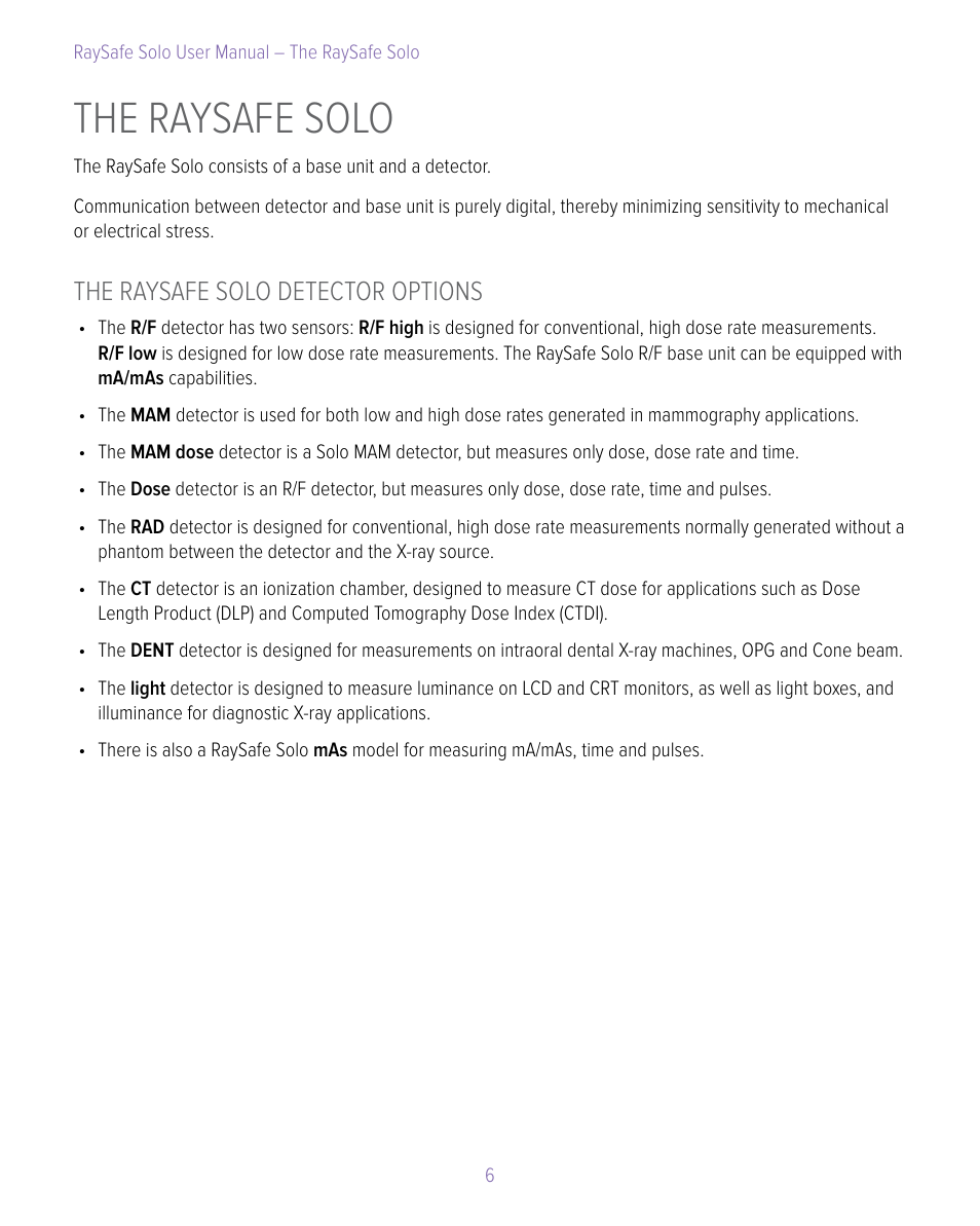 The raysafe solo, The raysafe solo detector options | RaySafe Solo User Manual | Page 6 / 44