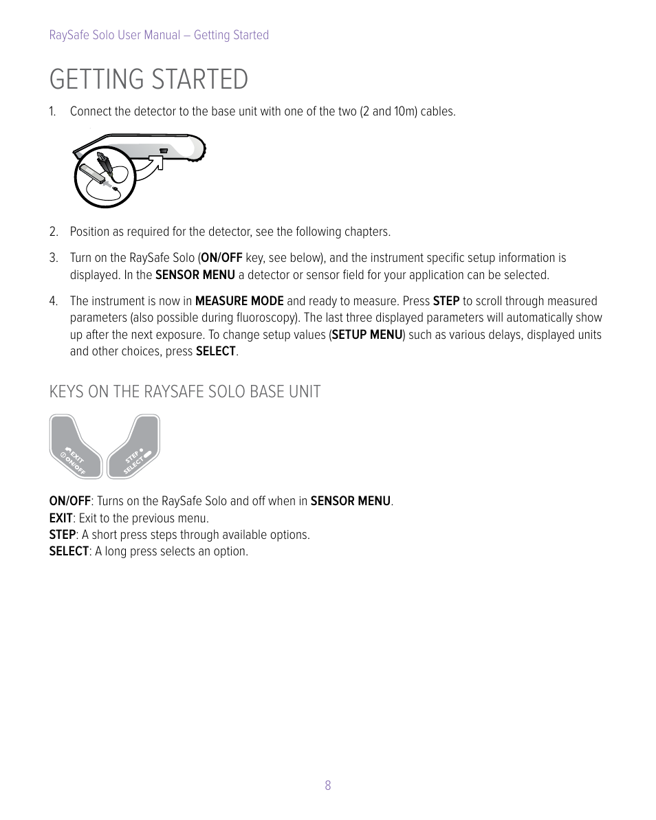 Getting started, Keys on the raysafe solo base unit | RaySafe Solo User Manual | Page 8 / 44