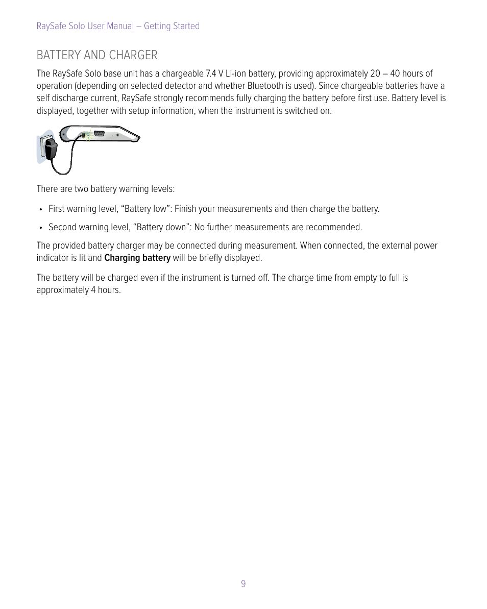 Battery and charger | RaySafe Solo User Manual | Page 9 / 44