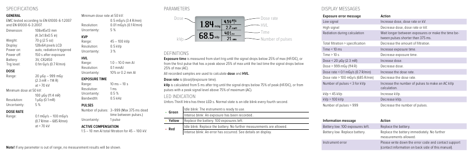 Parameters definitions, Led indication, Display messages | Specifications | RaySafe ThinX Intra User Manual | Page 2 / 2