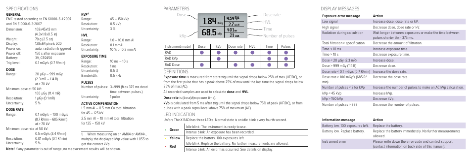 Parameters, Definitions, Led indication | Display messages, Specifications | RaySafe ThinX RAD User Manual | Page 2 / 2