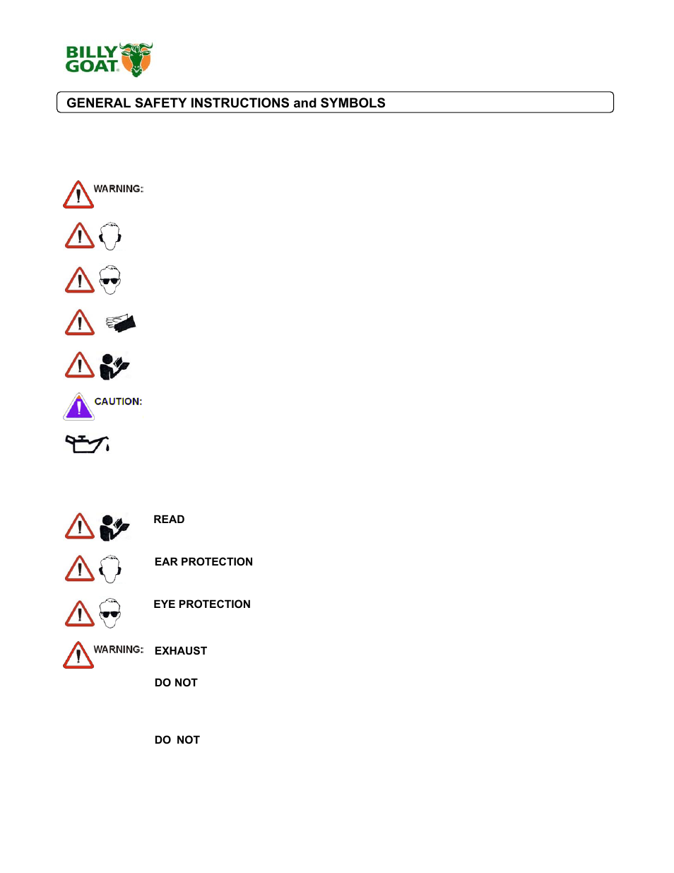 Bc2402 series brush cutter owner’s manual, General safety instructions and symbols | Billy Goat BC2402 Series User Manual | Page 4 / 36