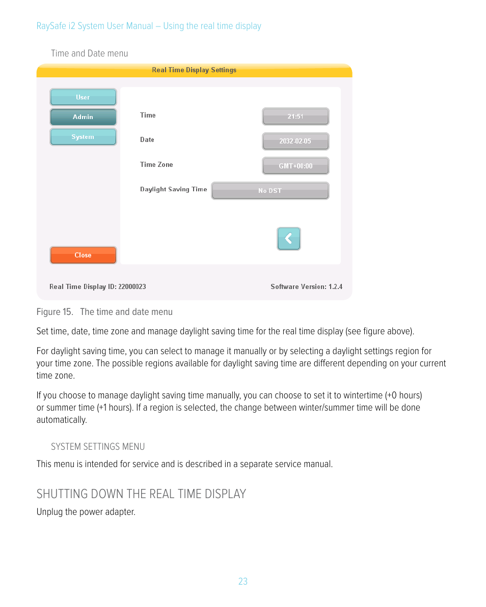 Shutting down the real time display | RaySafe i2 System User Manual | Page 23 / 49