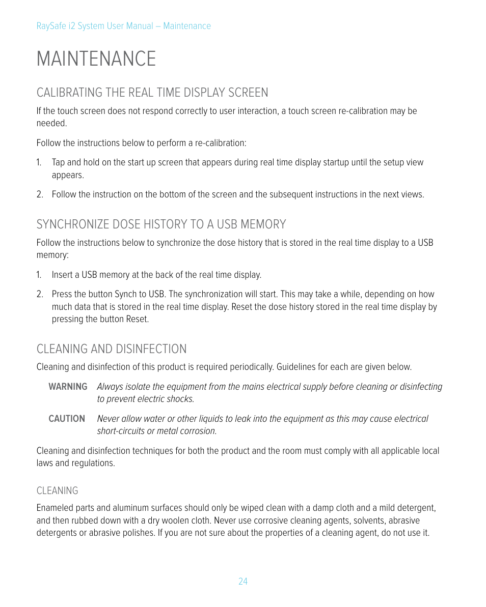 Maintenance, Calibrating the real time display screen, Synchronize dose history to a usb memory | Cleaning and disinfection | RaySafe i2 System User Manual | Page 24 / 49