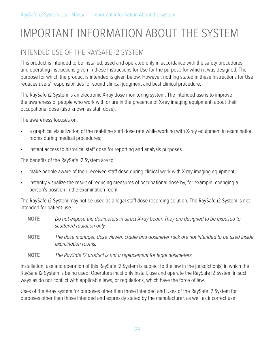 Important information about the system, Intended use of the raysafe i2 system | RaySafe i2 System User Manual | Page 28 / 49