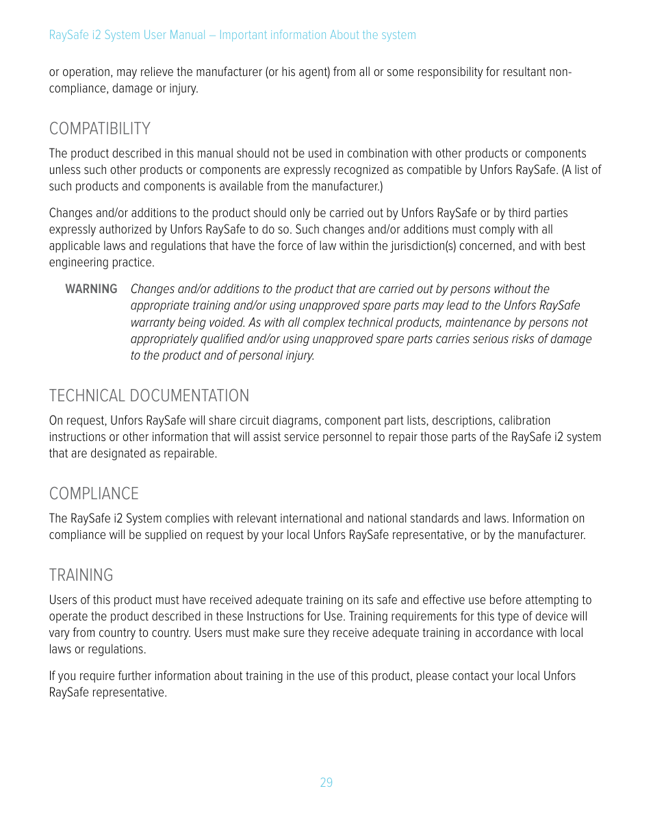 Compatibility, Technical documentation, Compliance | Training | RaySafe i2 System User Manual | Page 29 / 49