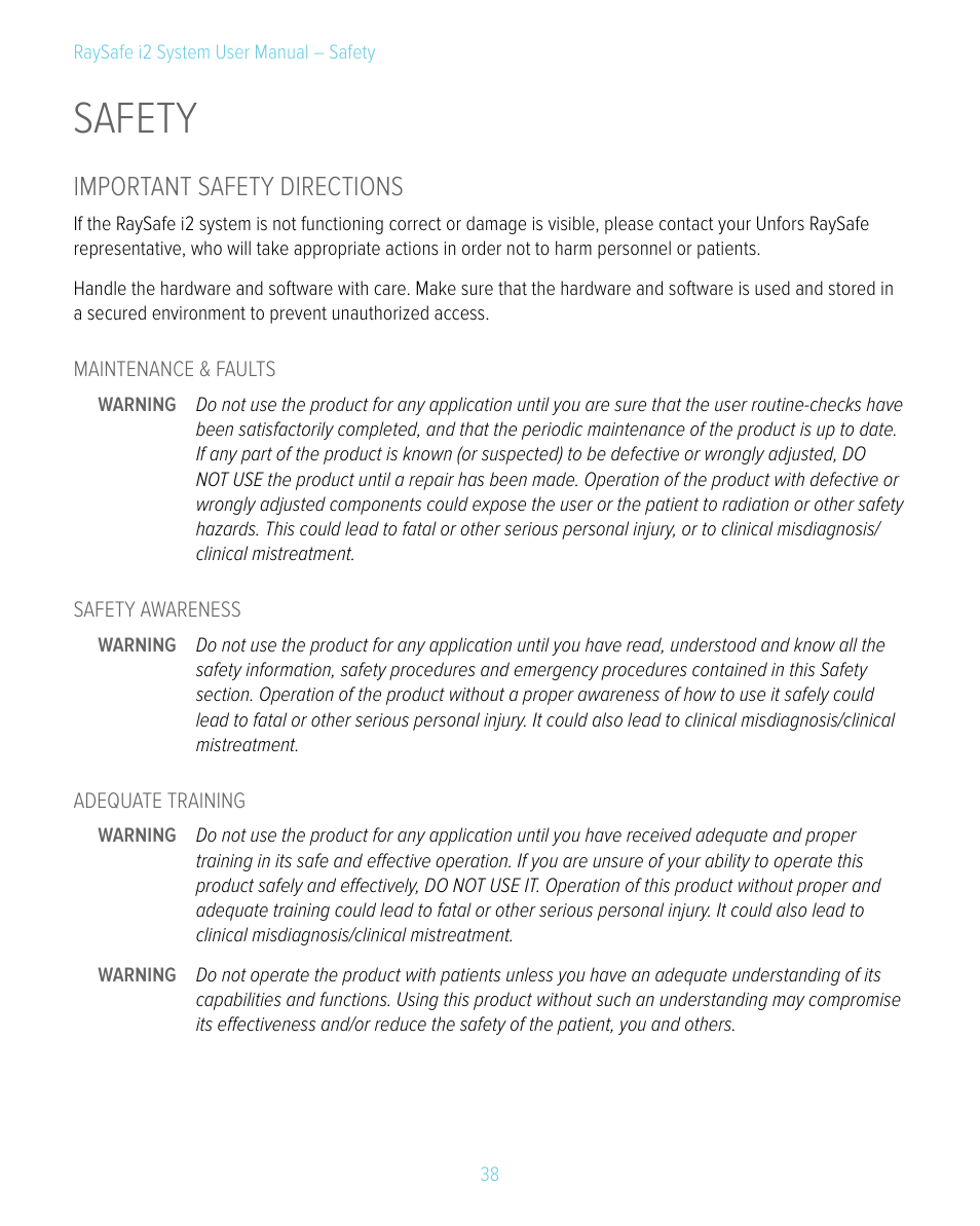 Safety, Important safety directions | RaySafe i2 System User Manual | Page 38 / 49