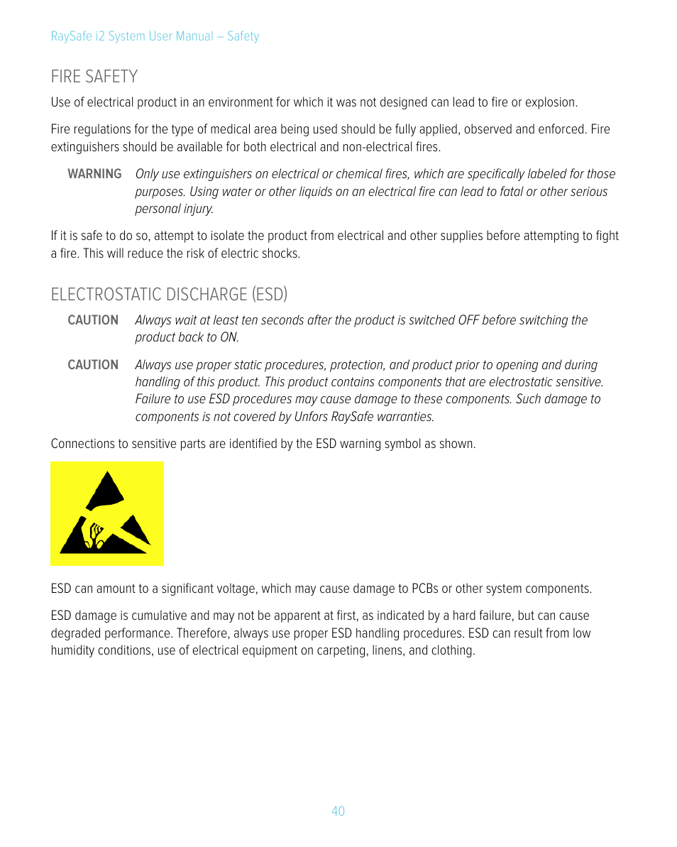 Fire safety, Electrostatic discharge (esd), Fire safety electrostatic discharge (esd) | RaySafe i2 System User Manual | Page 40 / 49