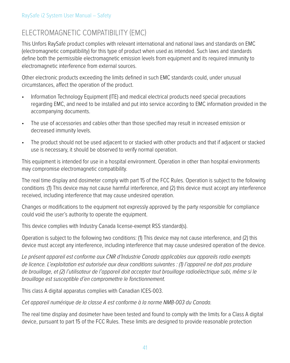 Electromagnetic compatibility (emc) | RaySafe i2 System User Manual | Page 41 / 49