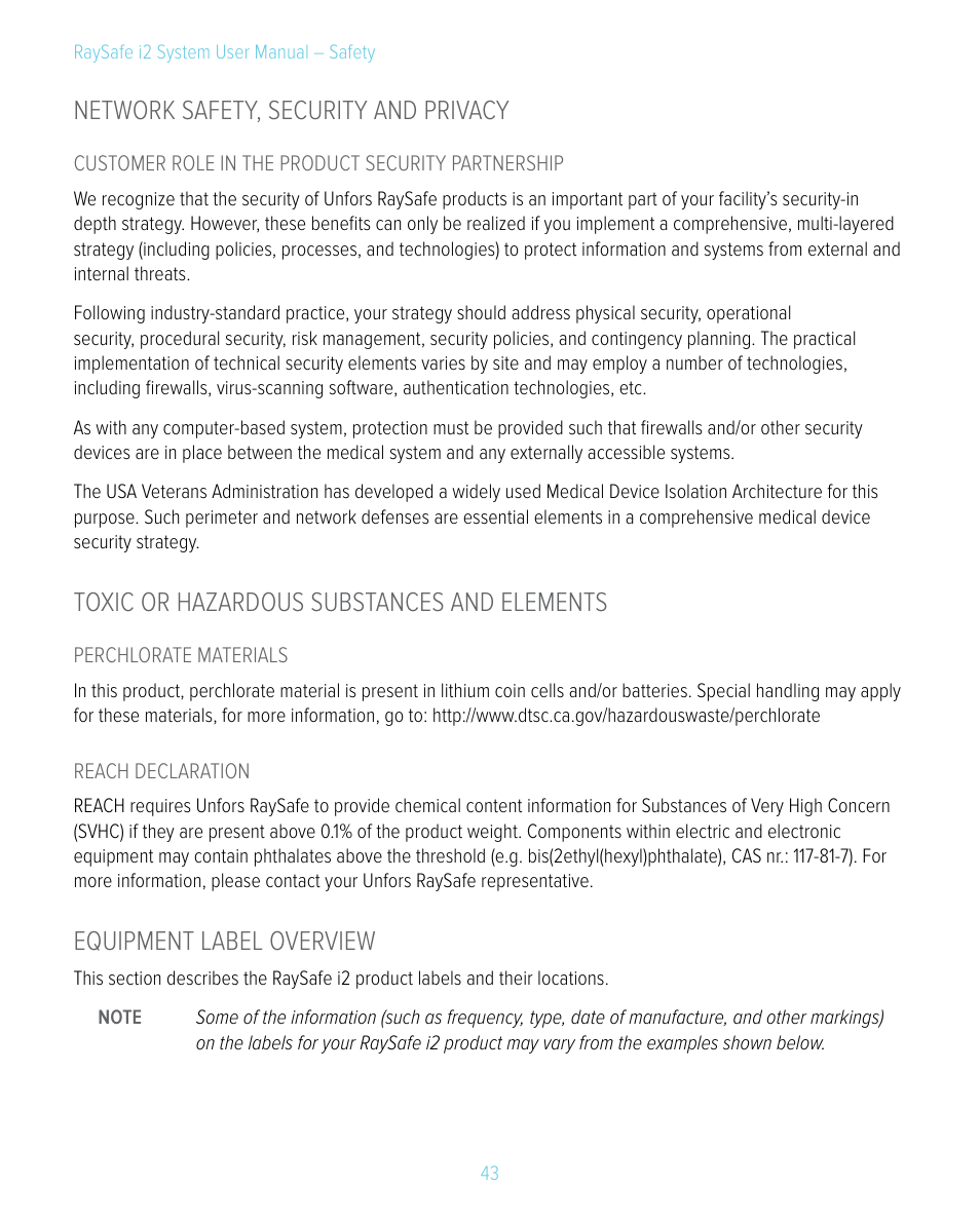 Network safety, security and privacy, Toxic or hazardous substances and elements, Equipment label overview | RaySafe i2 System User Manual | Page 43 / 49