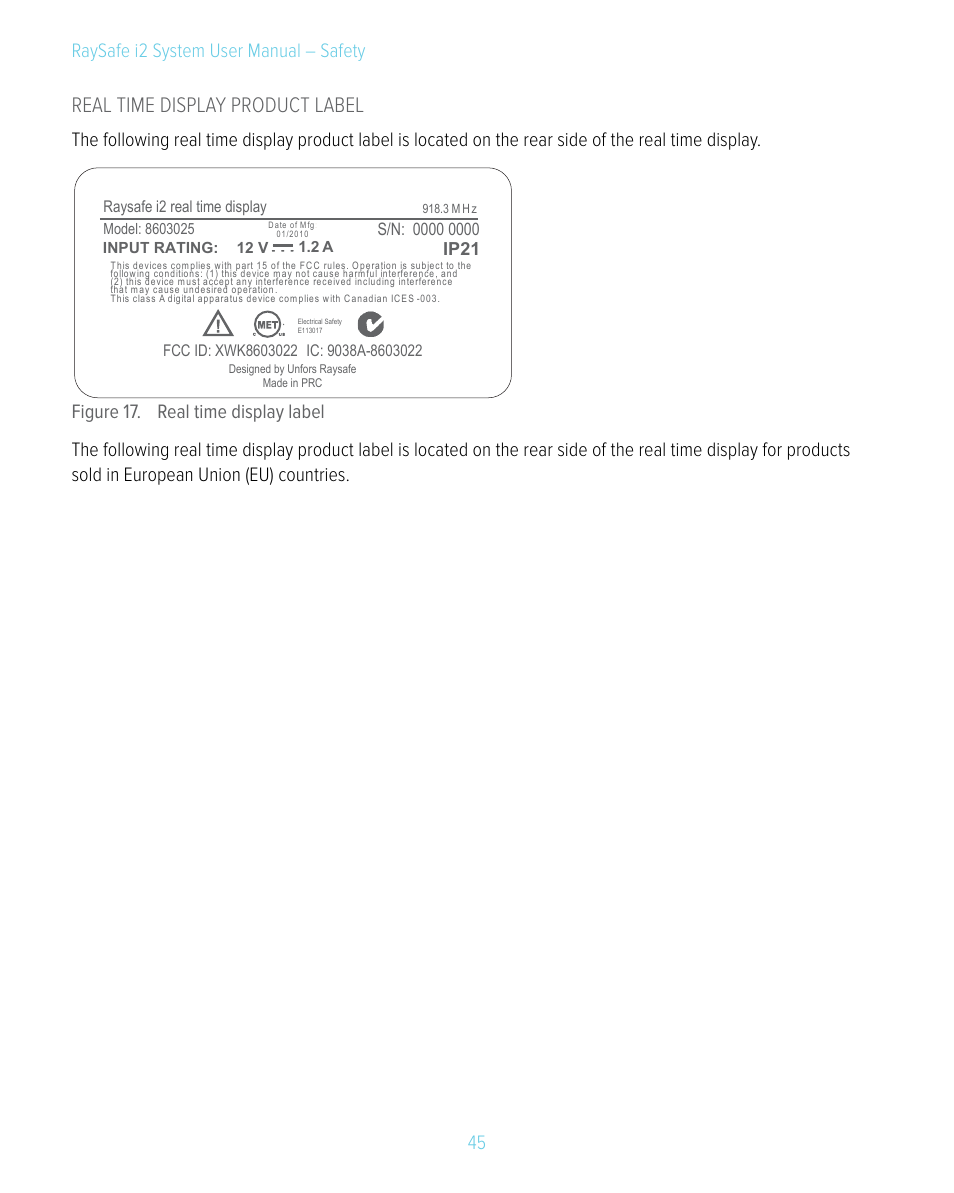 Real time display product label, 45 raysafe i2 system user manual – safety, Ip21 | RaySafe i2 System User Manual | Page 45 / 49