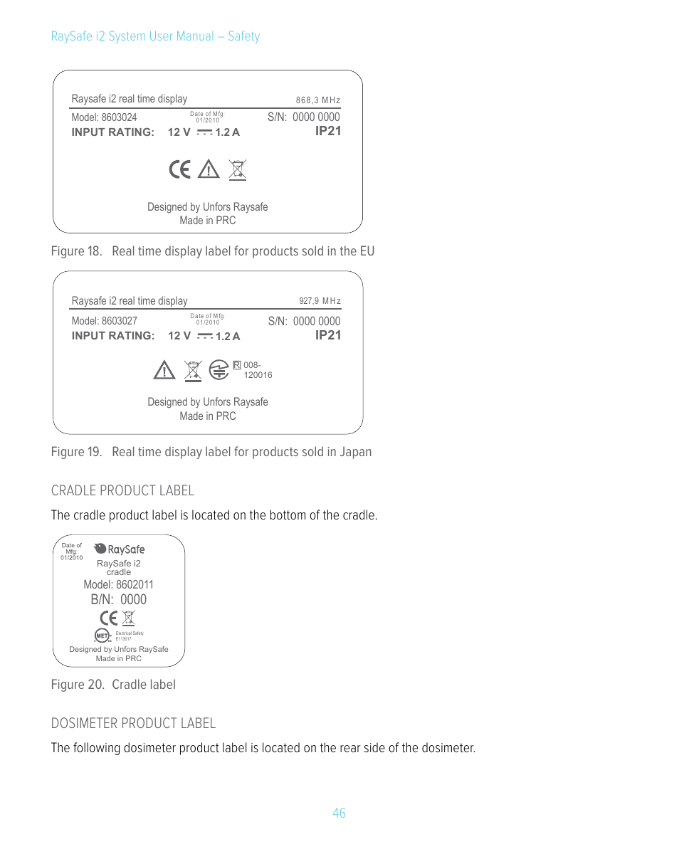 Cradle product label, Dosimeter product label, 46 raysafe i2 system user manual – safety | Figure 20. cradle label | RaySafe i2 System User Manual | Page 46 / 49