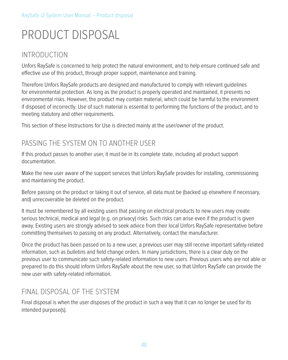 Product disposal, Introduction, Passing the system on to another user | Final disposal of the system | RaySafe i2 System User Manual | Page 48 / 49