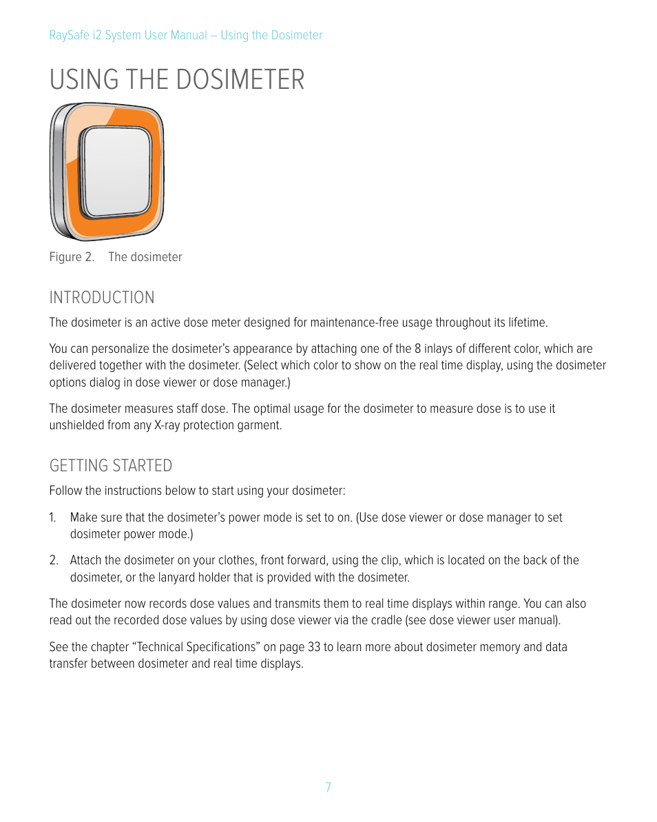 Using the dosimeter, Introduction, Getting started | Introduction getting started | RaySafe i2 System User Manual | Page 7 / 49