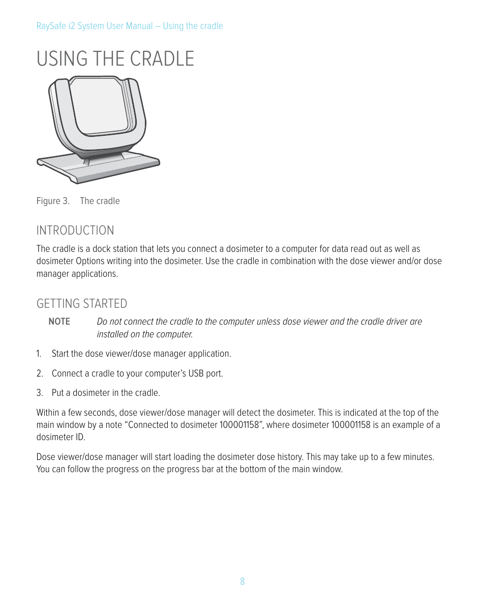 Using the cradle, Introduction, Getting started | Introduction getting started | RaySafe i2 System User Manual | Page 8 / 49