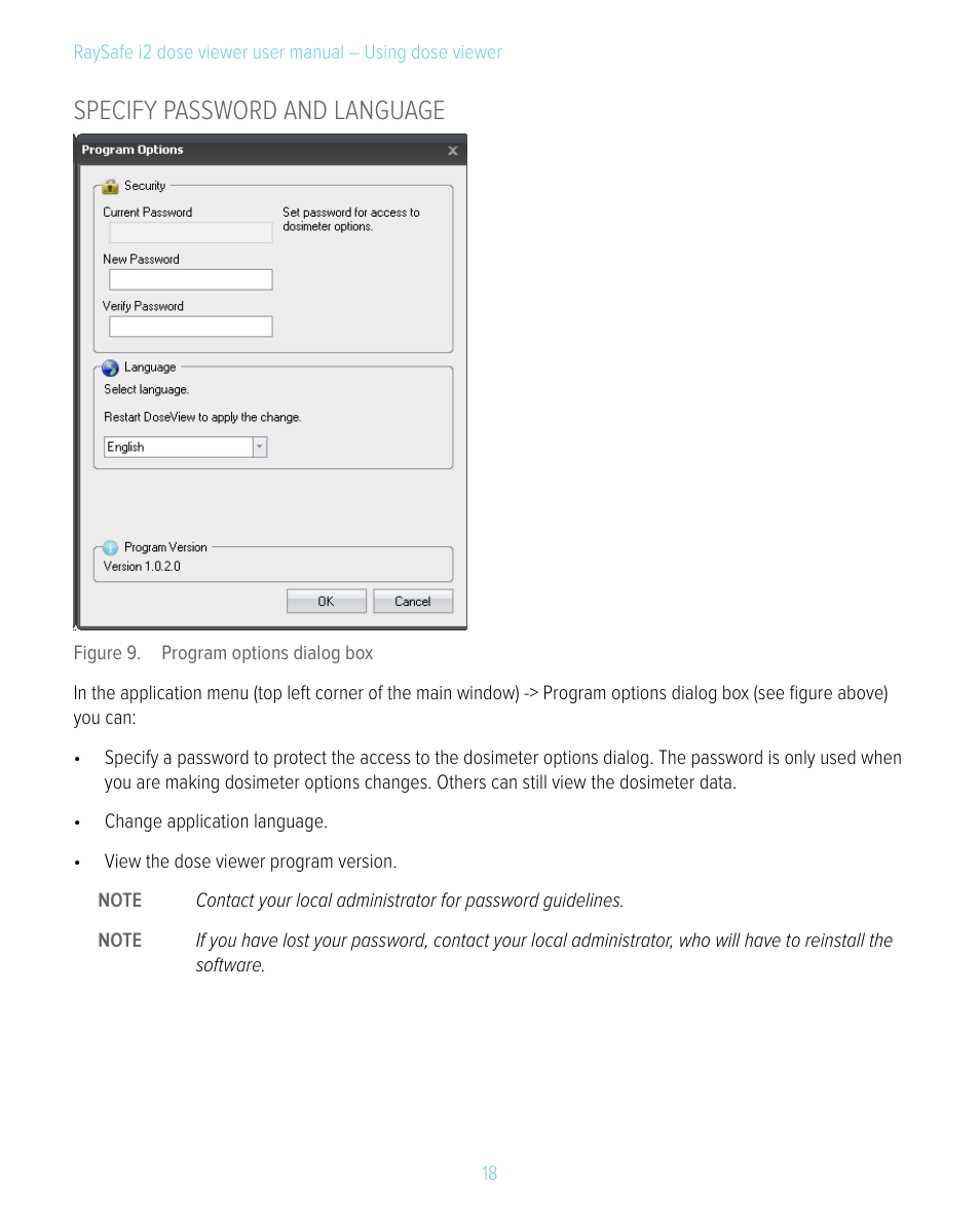 Specify password and language | RaySafe i2 Dose Viewer User Manual | Page 18 / 24