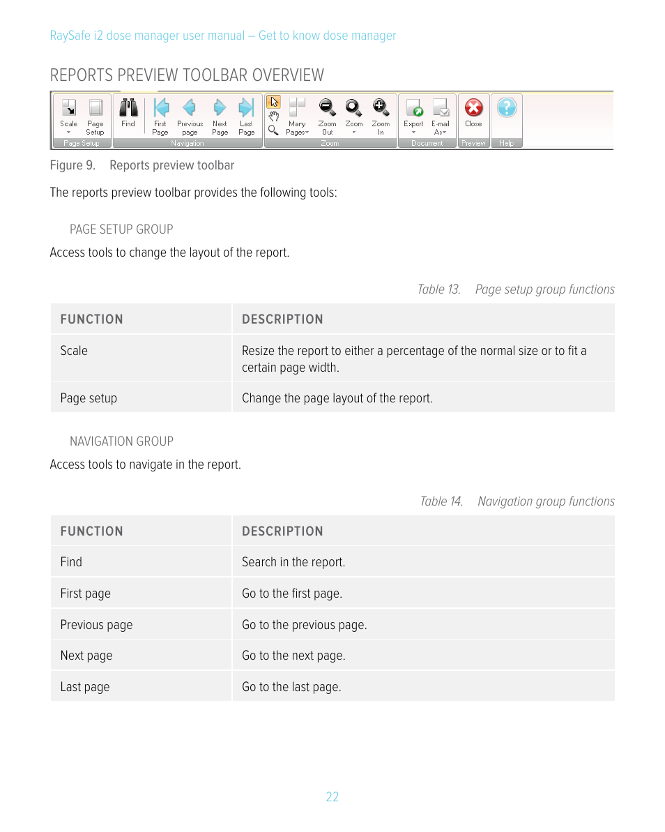 Reports preview toolbar overview | RaySafe i2 Dose Manager User Manual | Page 22 / 59