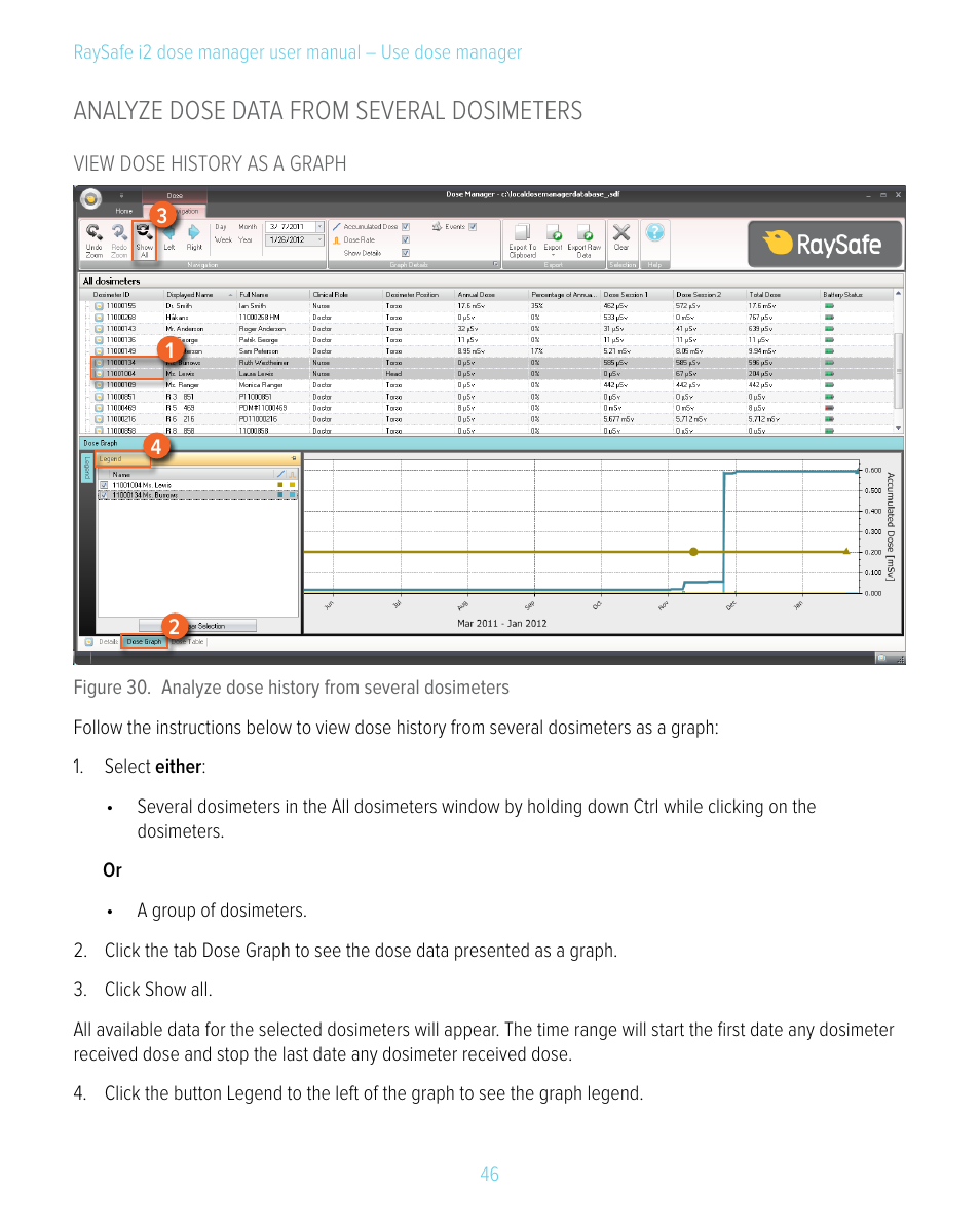 Analyze dose data from several dosimeters | RaySafe i2 Dose Manager User Manual | Page 46 / 59
