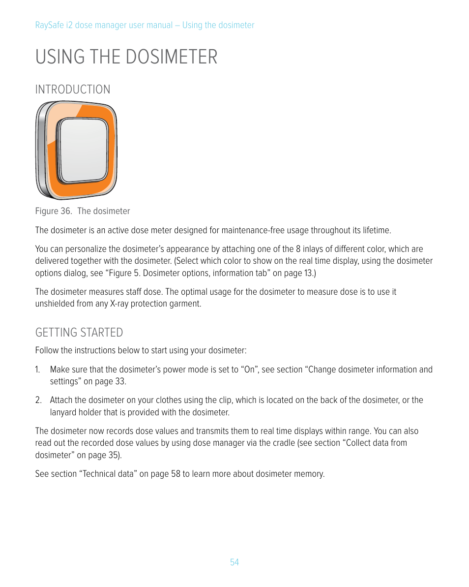 Using the dosimeter, Introduction, Getting started | Introduction getting started | RaySafe i2 Dose Manager User Manual | Page 54 / 59