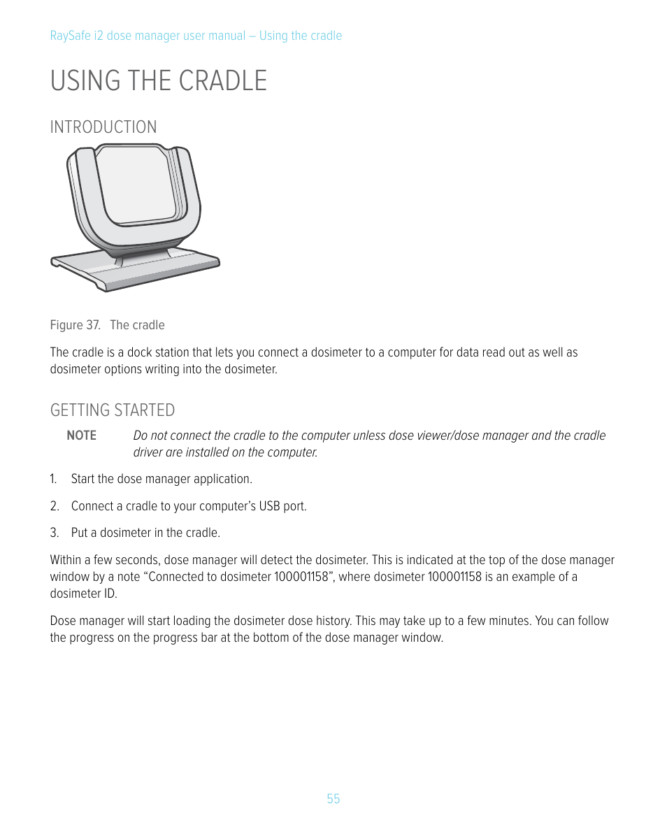 Using the cradle, Introduction, Getting started | Introduction getting started | RaySafe i2 Dose Manager User Manual | Page 55 / 59