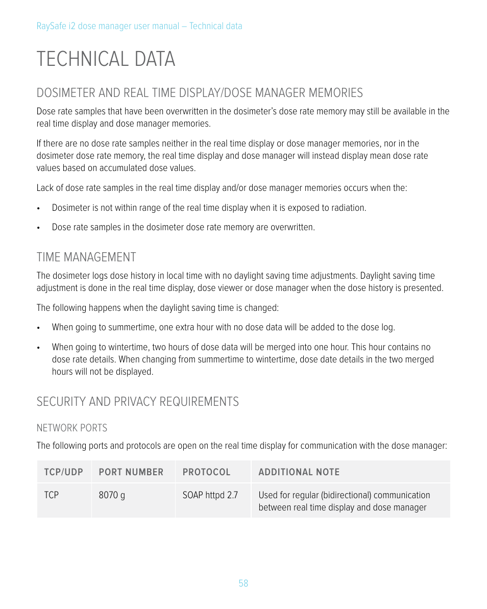 Technical data, Time management, Security and privacy requirements | RaySafe i2 Dose Manager User Manual | Page 58 / 59