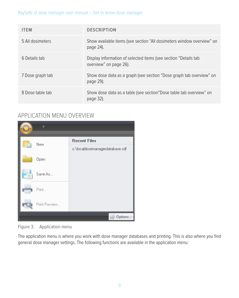 Application menu overview | RaySafe i2 Dose Manager User Manual | Page 9 / 59