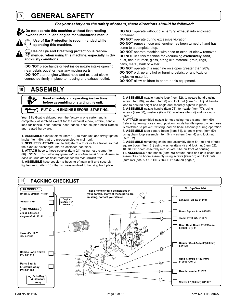 General safety, Assembly, Packing checklist | Billy Goat TR1104EU User Manual | Page 3 / 12