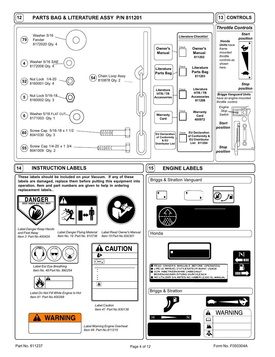 Danger, Instruction labels, Controls | Throttle controls, Briggs & stratton vanguard, Honda, Briggs & stratton | Billy Goat TR1104EU User Manual | Page 4 / 12