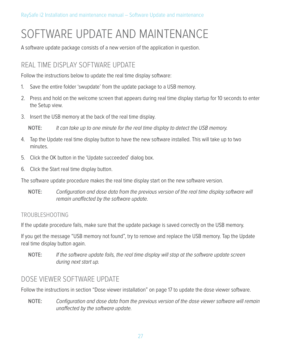 Software update and maintenance, Real time display software update, Dose viewer software update | RaySafe i2 Installation Manual User Manual | Page 27 / 33