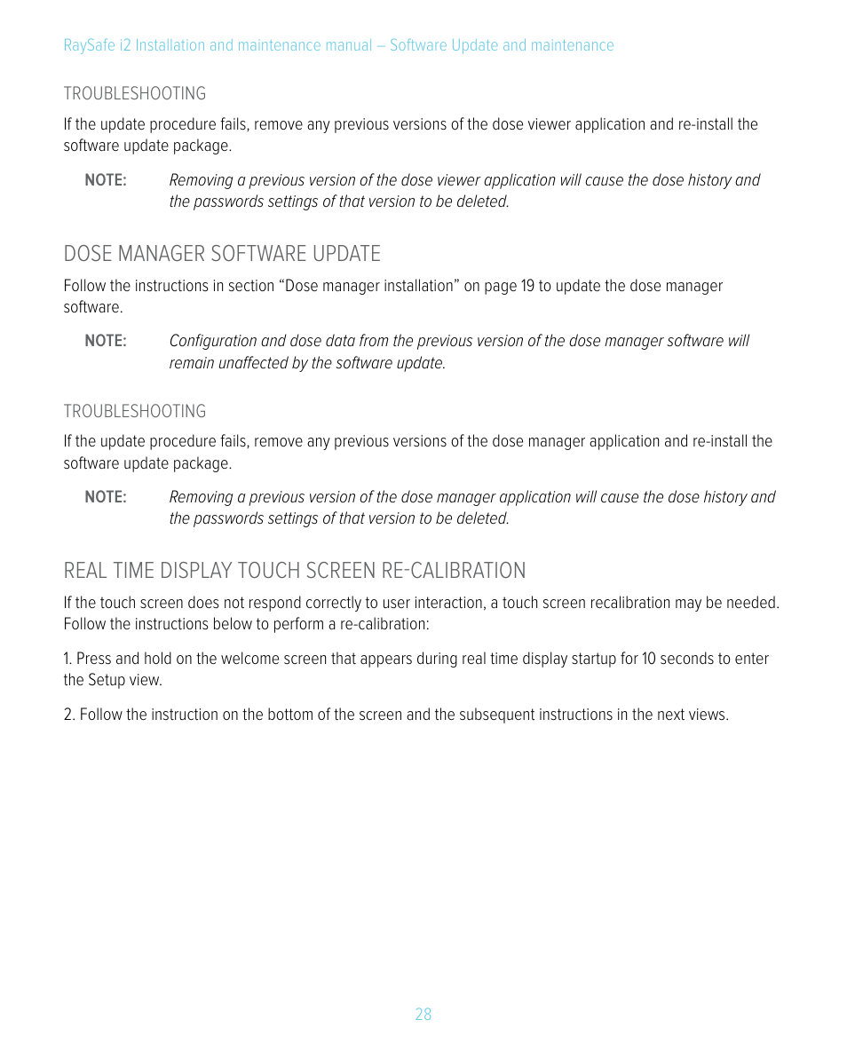 Dose manager software update, Real time display touch screen re-calibration | RaySafe i2 Installation Manual User Manual | Page 28 / 33