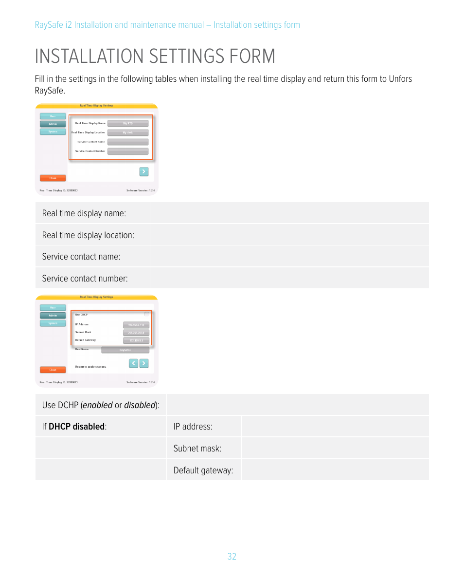 Installation settings form | RaySafe i2 Installation Manual User Manual | Page 32 / 33