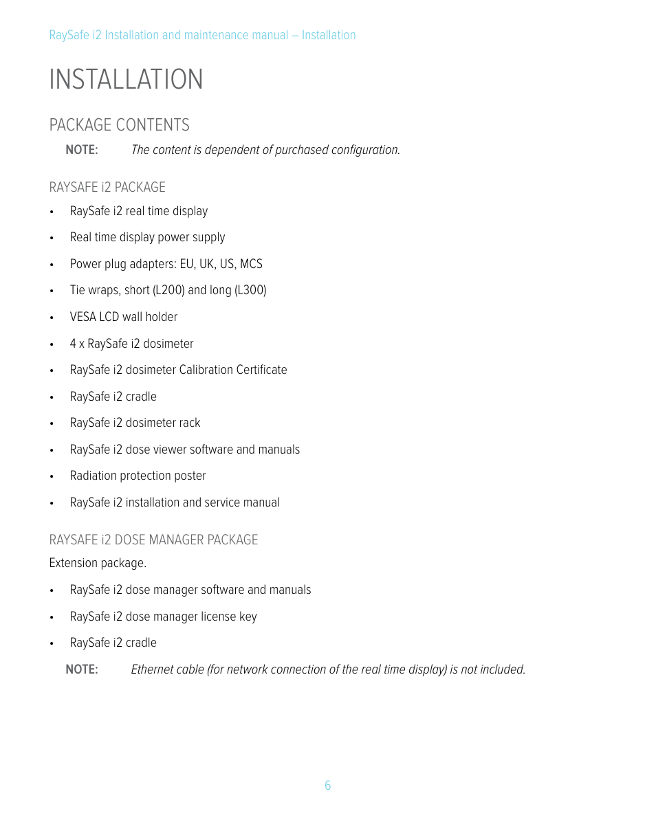 Installation, Package contents | RaySafe i2 Installation Manual User Manual | Page 6 / 33