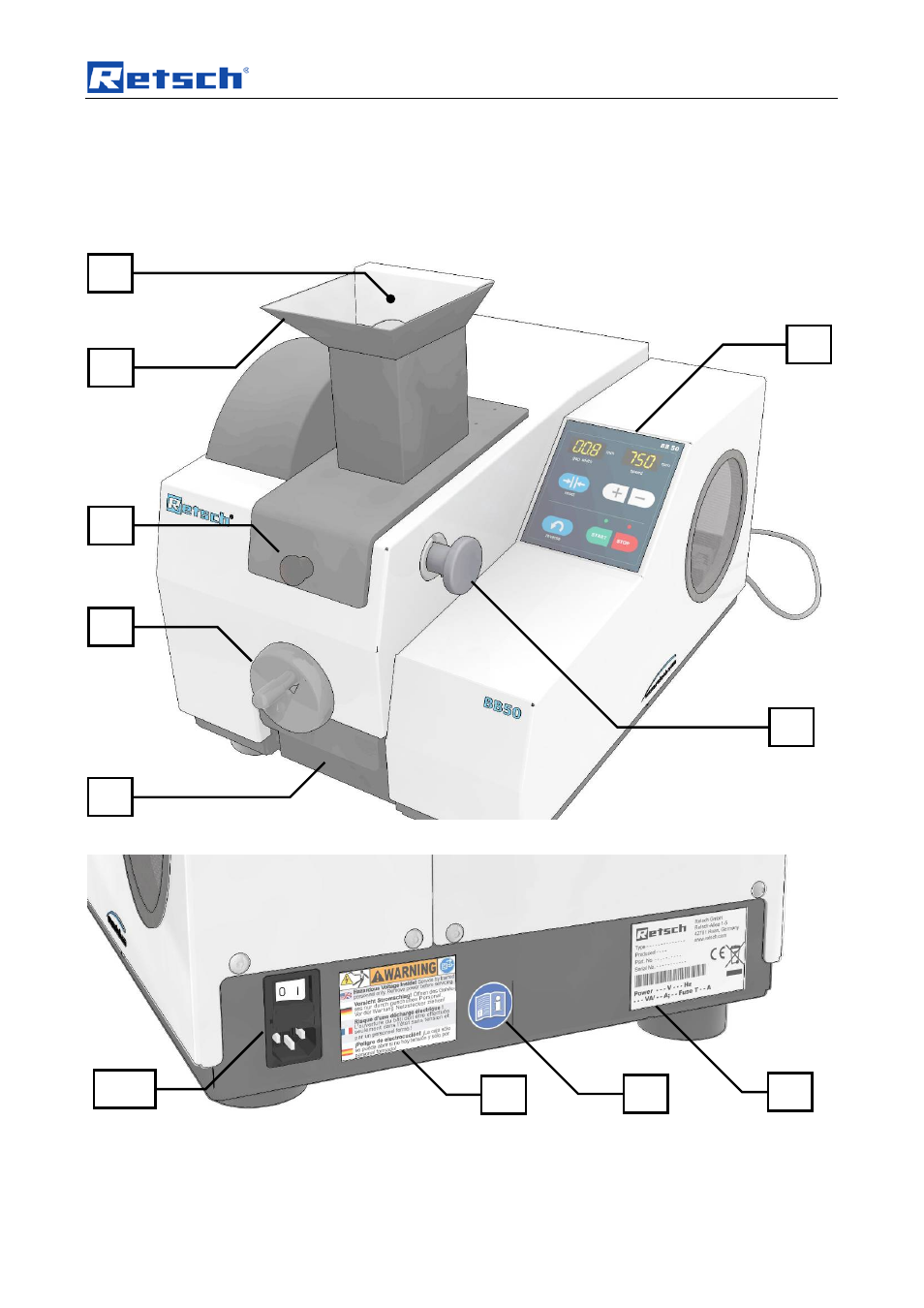 5 operating the machine, Operating the machine, Views of the instrument | Retsch BB 50 User Manual | Page 19 / 41
