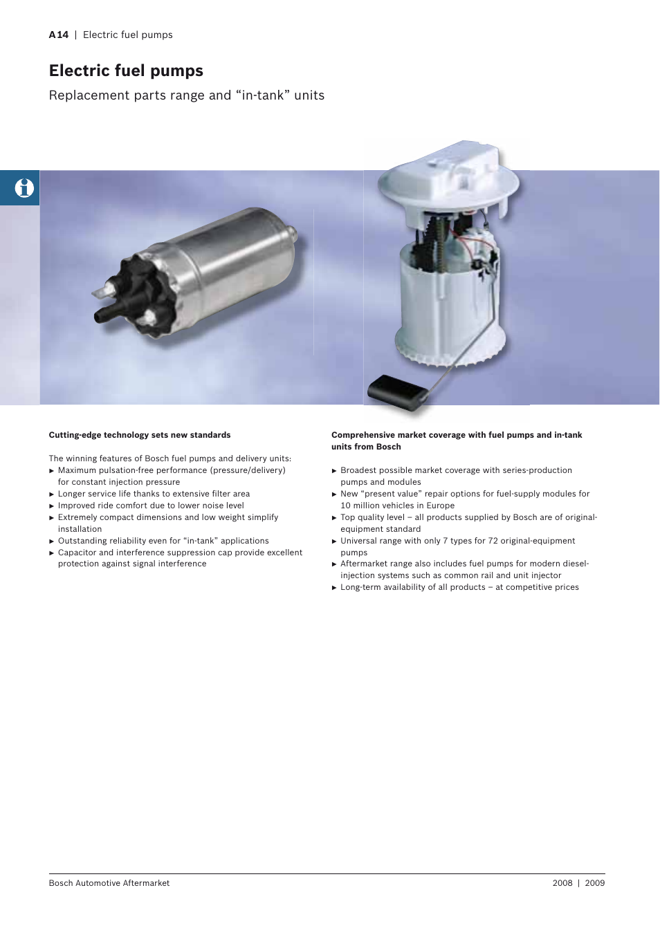 Electric fuel pumps, Replacement parts range and “in-tank” units | Bosch 2008 User Manual | Page 16 / 75