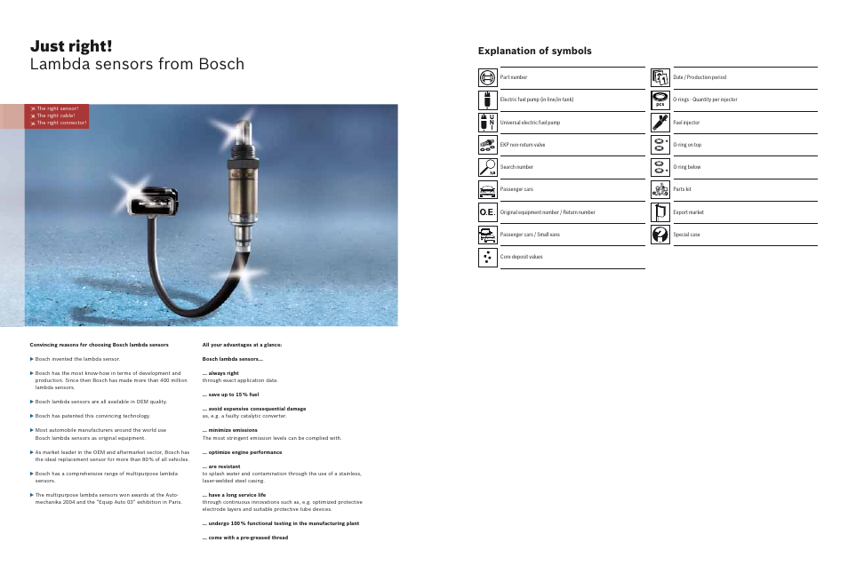 Just right! lambda sensors from bosch, Explanation of symbols | Bosch 2008 User Manual | Page 2 / 75