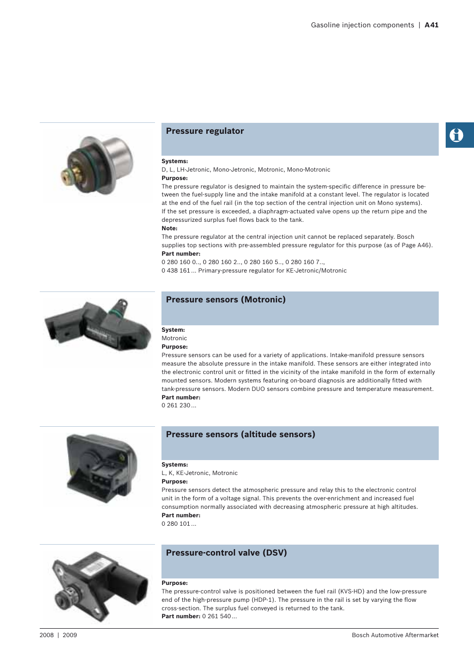 Pressure regulator, Pressure sensors (motronic), Pressure sensors (altitude sensors) | Pressure-control valve (dsv) | Bosch 2008 User Manual | Page 43 / 75