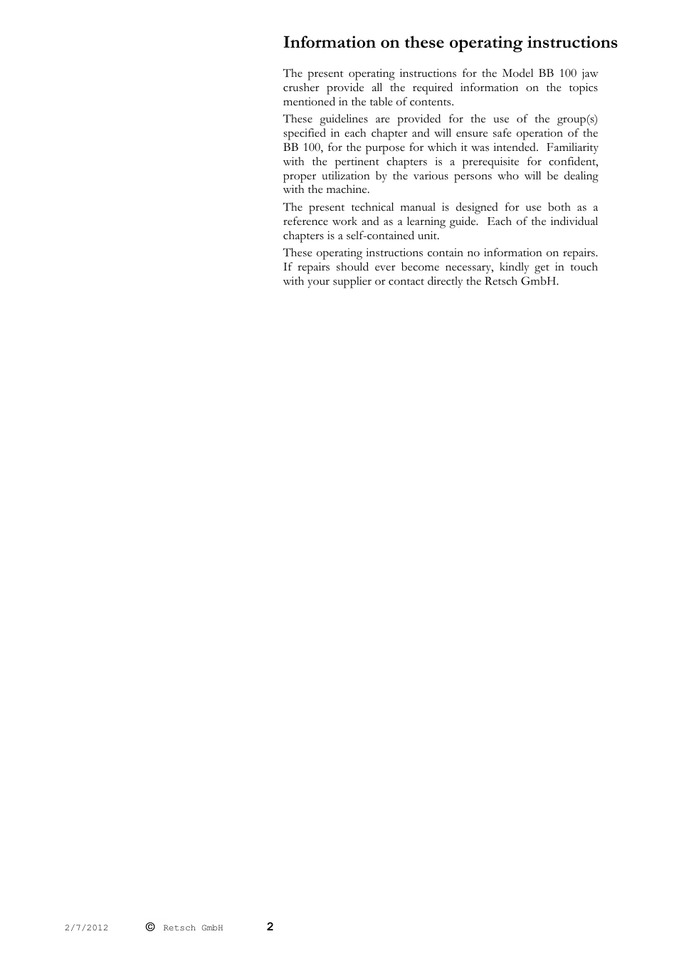Information on these operating instructions | Retsch BB 100 User Manual | Page 2 / 24
