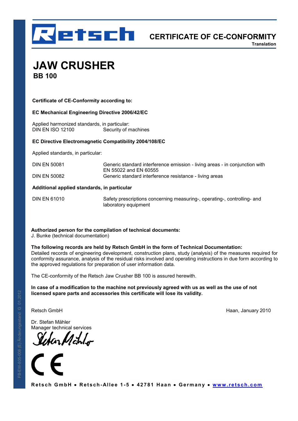 Jaw crusher, Certificate of ce-conformity, Bb 100 | Retsch BB 100 User Manual | Page 21 / 24