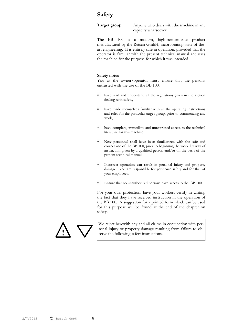 Safety | Retsch BB 100 User Manual | Page 4 / 24