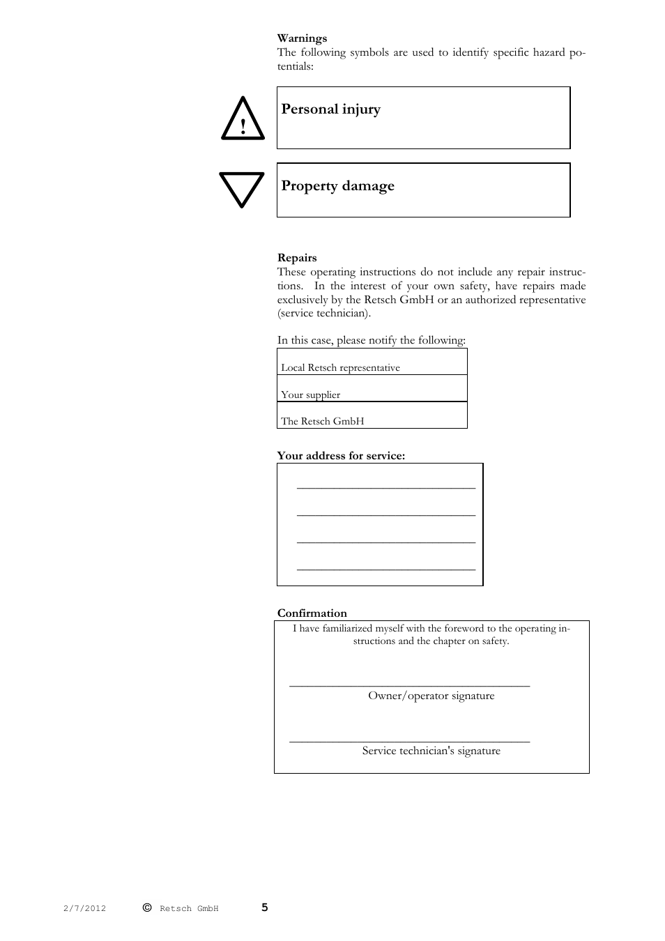 Personal injury, Property damage | Retsch BB 100 User Manual | Page 5 / 24