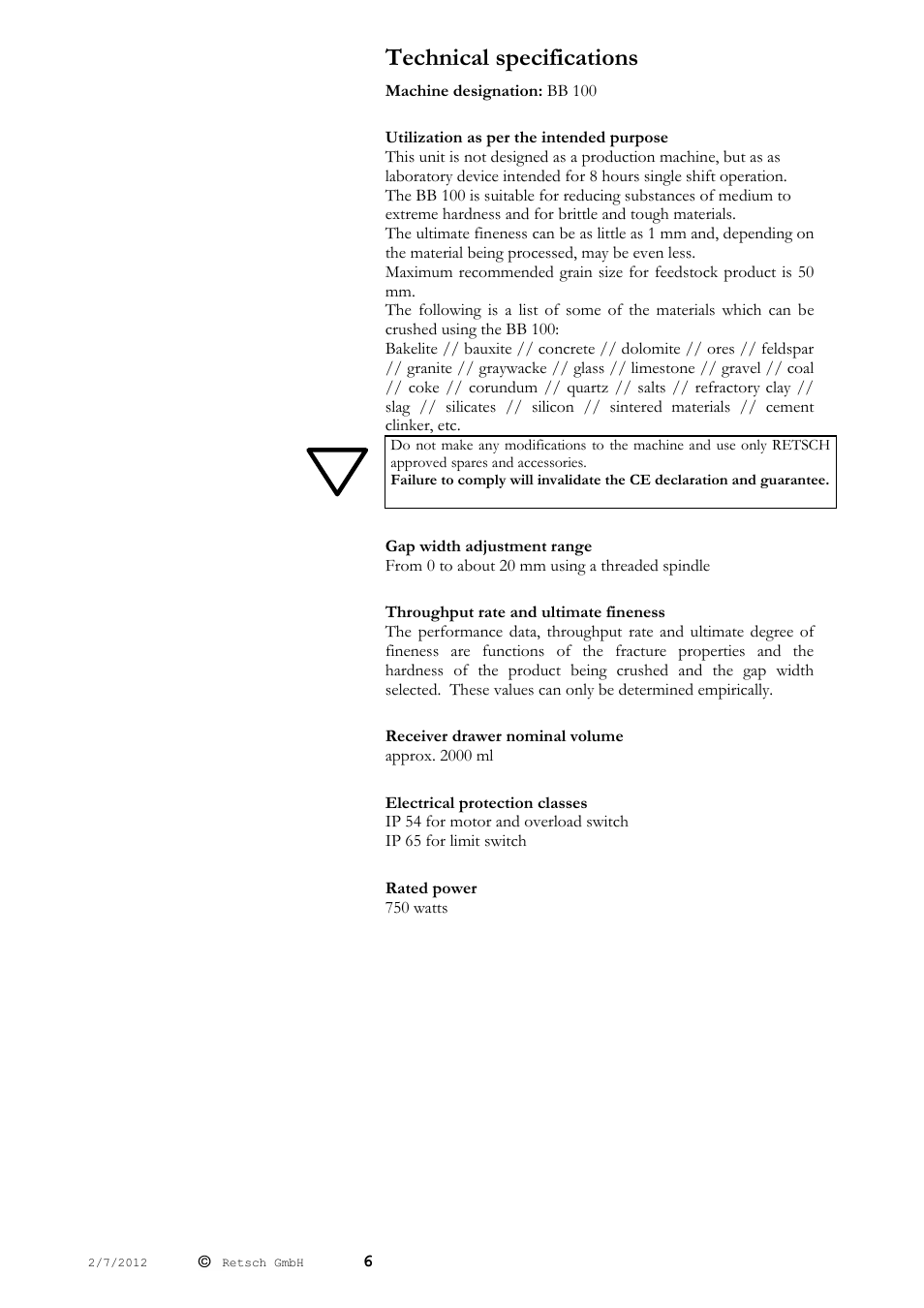 Technical specifications | Retsch BB 100 User Manual | Page 6 / 24