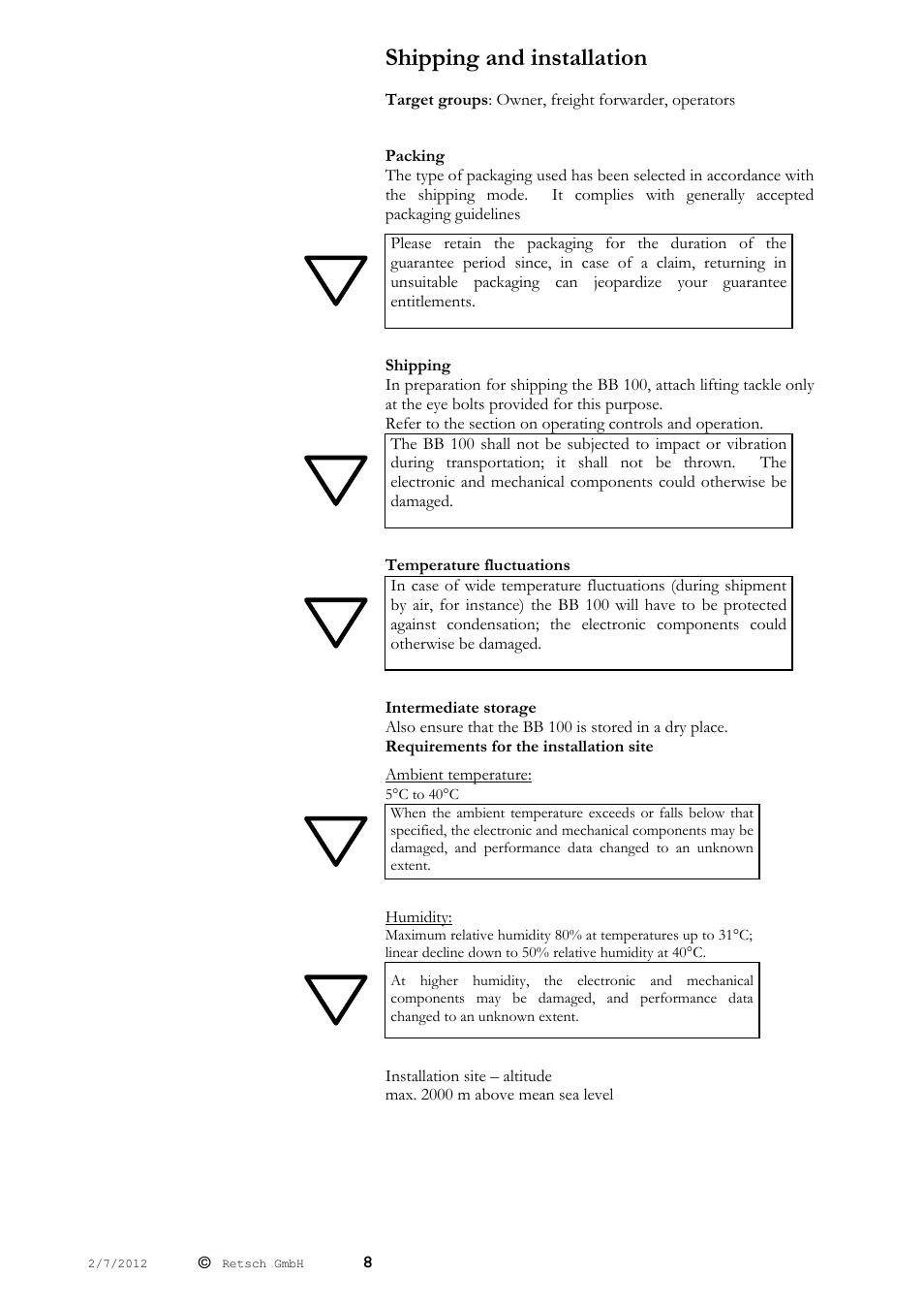 Shipping and installation | Retsch BB 100 User Manual | Page 8 / 24