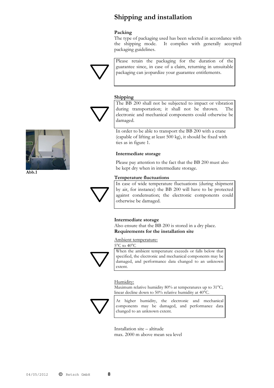 Shipping and installation | Retsch BB 200 User Manual | Page 8 / 24