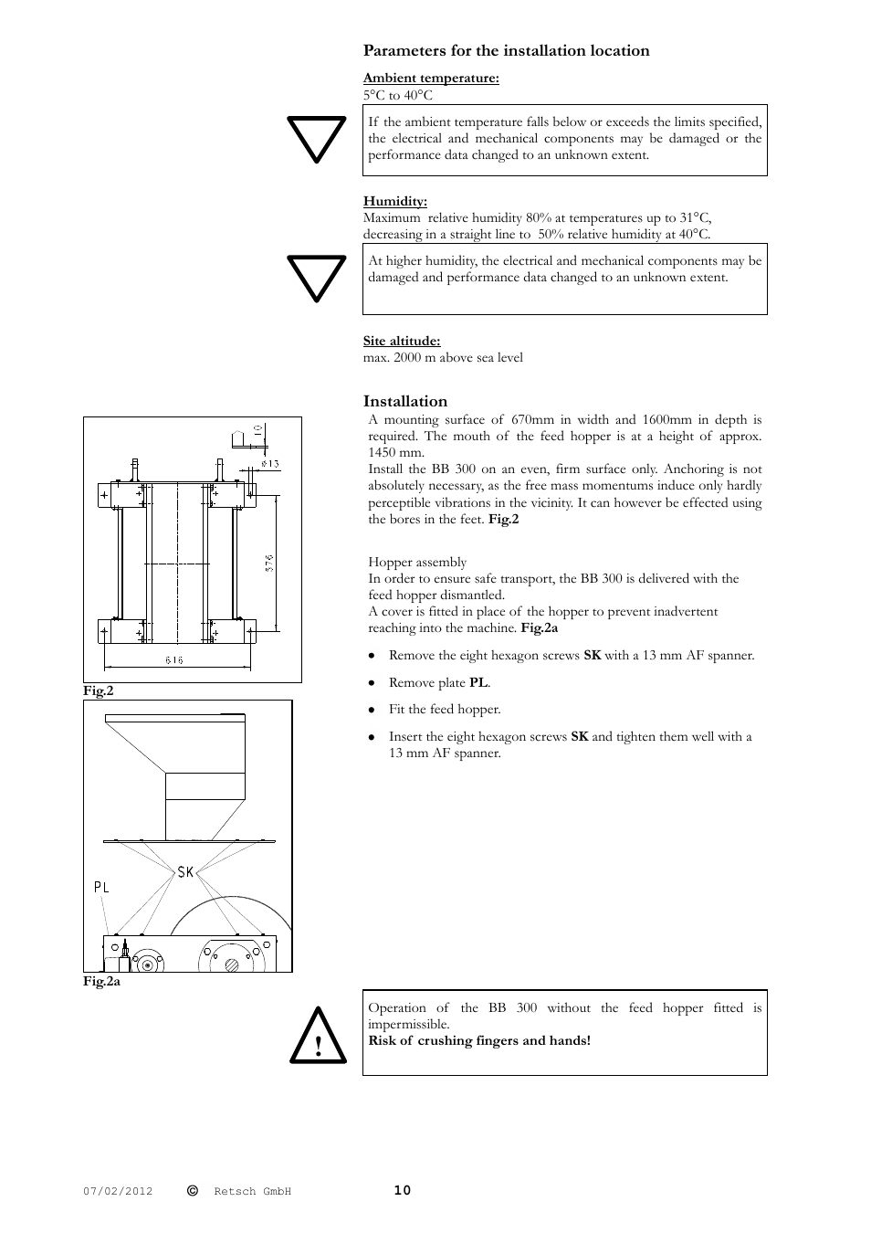 Parameters for the installation location, Installation | Retsch BB 300 User Manual | Page 10 / 24