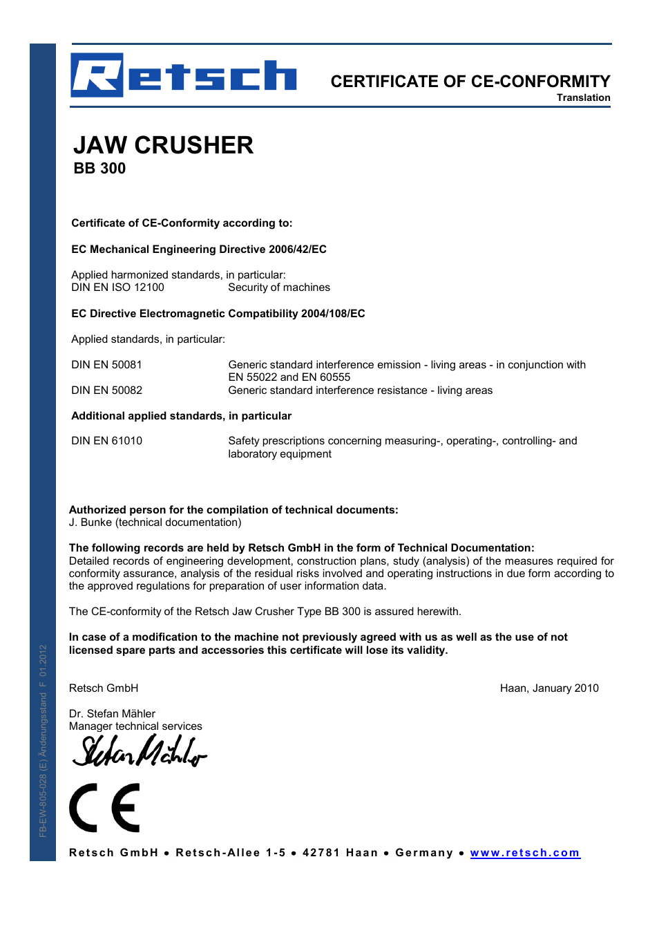 Jaw crusher, Certificate of ce-conformity, Bb 300 | Retsch BB 300 User Manual | Page 21 / 24
