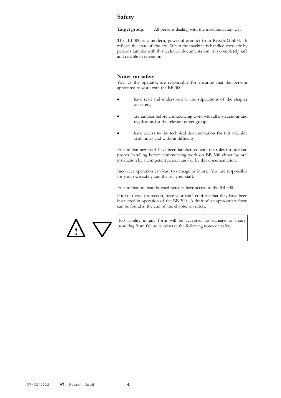 Safety | Retsch BB 300 User Manual | Page 4 / 24