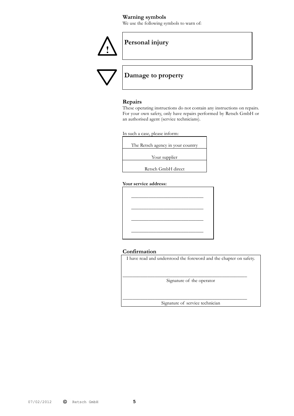 Personal injury, Damage to property | Retsch BB 300 User Manual | Page 5 / 24