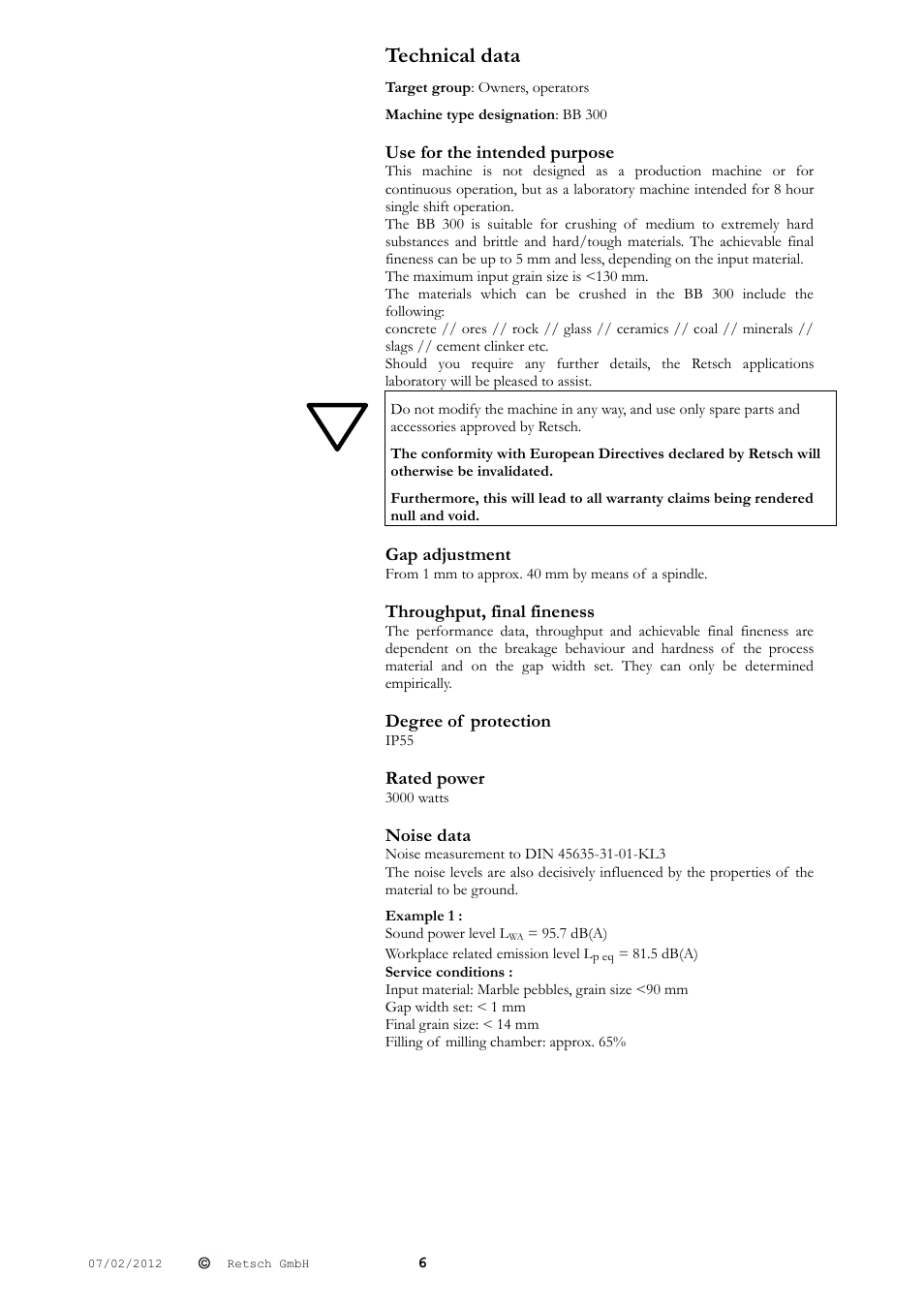 Technical data | Retsch BB 300 User Manual | Page 6 / 24