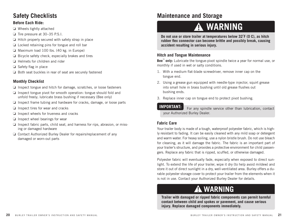 Warning, Safety checklists, Maintenance and storage | Burley CUB User Manual | Page 11 / 15