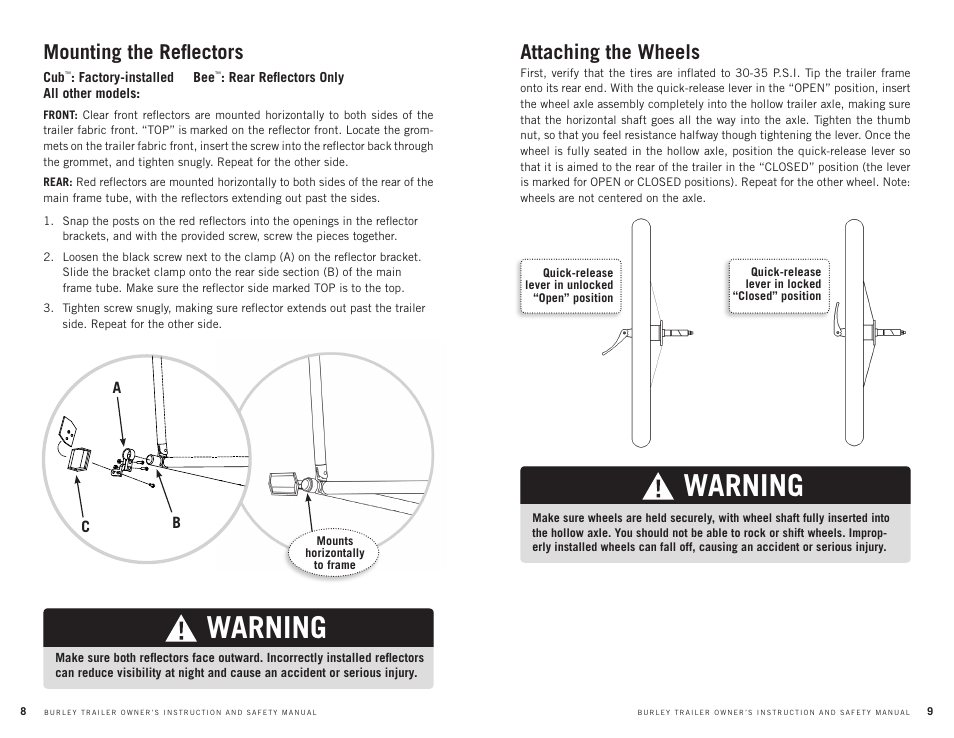 Warning, Mounting the reflectors, Attaching the wheels | Burley CUB User Manual | Page 5 / 15